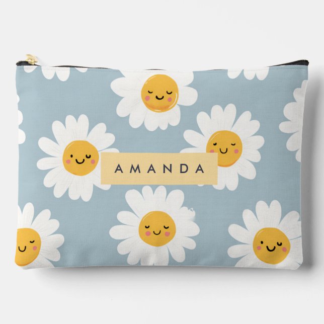 Personalized Cute Pastel Smiling Daisy Accessory Pouch (Front)