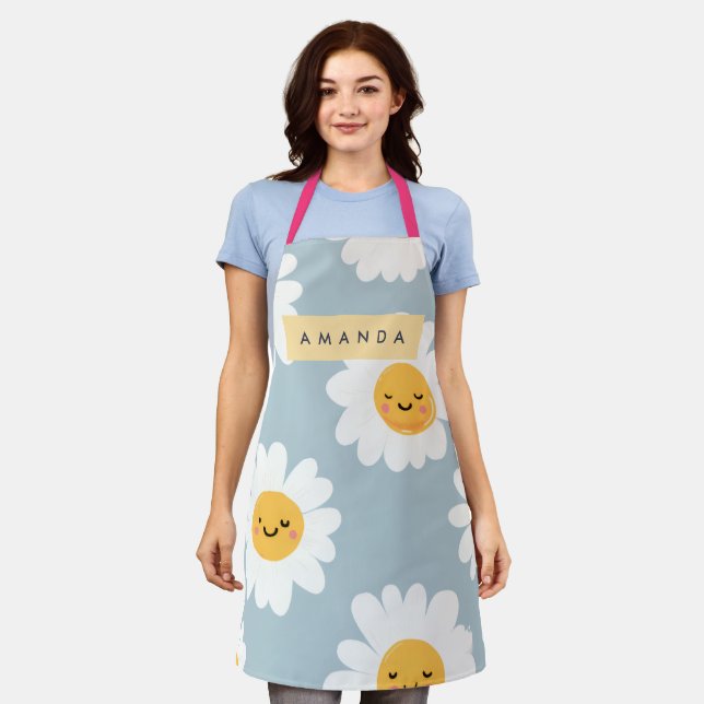 Personalized Cute Pastel Smiling Daisy Apron (Worn)