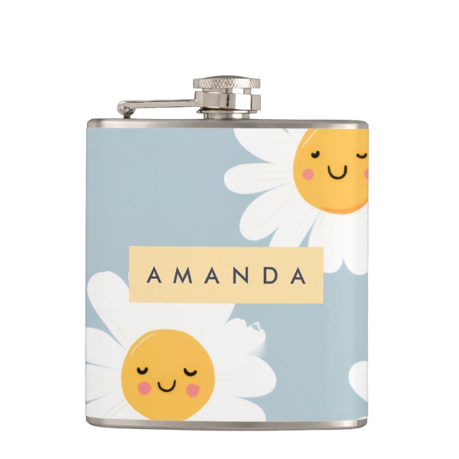 Personalized Cute Pastel Smiling Daisy Flask (Front)
