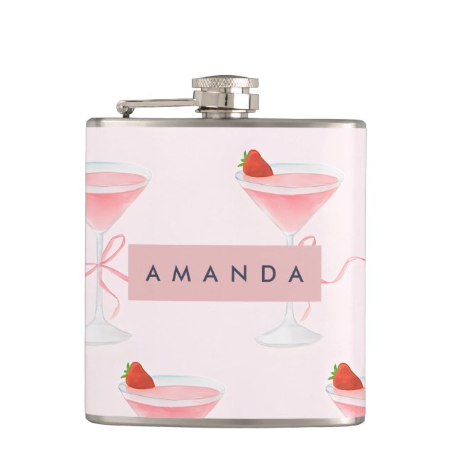 Personalized Cute Pastel Strawberry Juice Pattern Flask (Front)