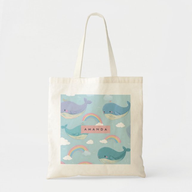 Personalized Cute Pastel Whale and Rainbow Pattern Tote Bag (Front)