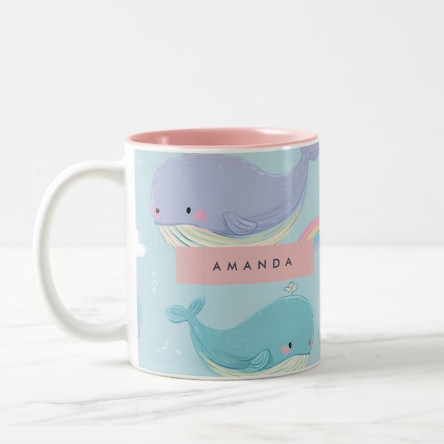 Personalized Cute Pastel Whale and Rainbow Pattern Two-Tone Coffee Mug (Left)
