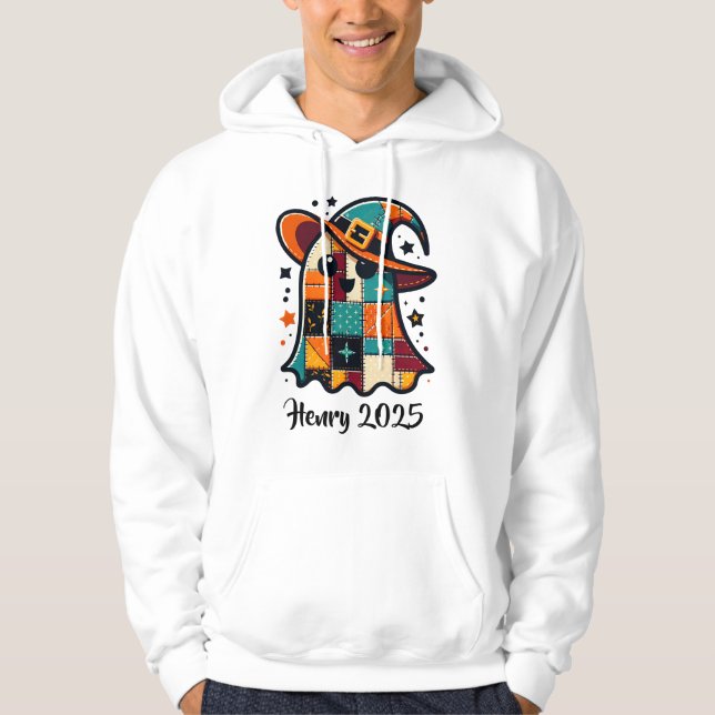Personalized Cute Patchwork Ghost Halloween Hoodie (Front)