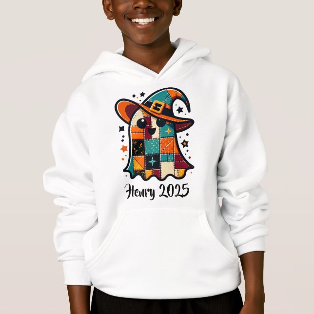 Personalized Cute Patchwork Ghost Halloween Hoodie (Front)