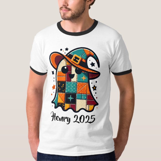 Personalized Cute Patchwork Ghost Halloween T-Shirt (Front)