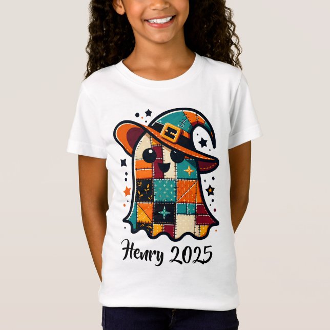 Personalized Cute Patchwork Ghost Halloween T-Shirt (Front)