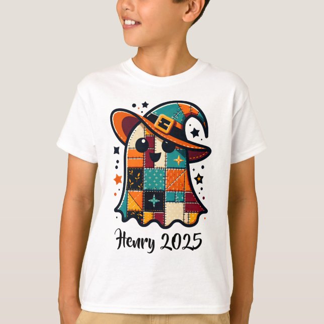 Personalized Cute Patchwork Ghost Halloween T-Shirt (Front)