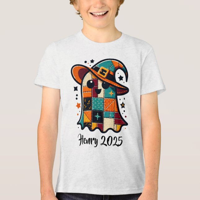 Personalized Cute Patchwork Ghost Halloween Tri-Blend Shirt (Front)