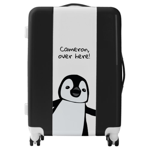 Personalized cute penguin black white over here luggage