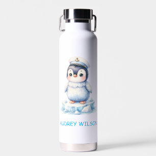 Personalized Cute Penguin Captain Illustration Water Bottle