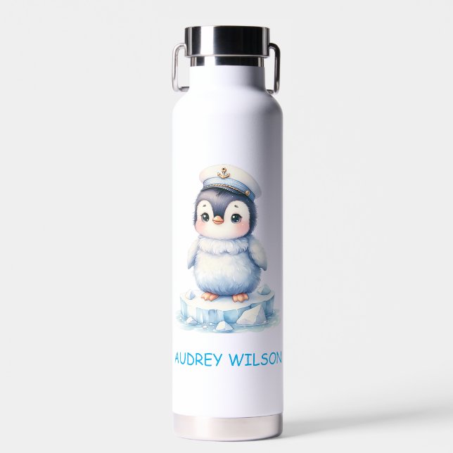 Personalized Cute Penguin Captain Illustration Water Bottle (Front)