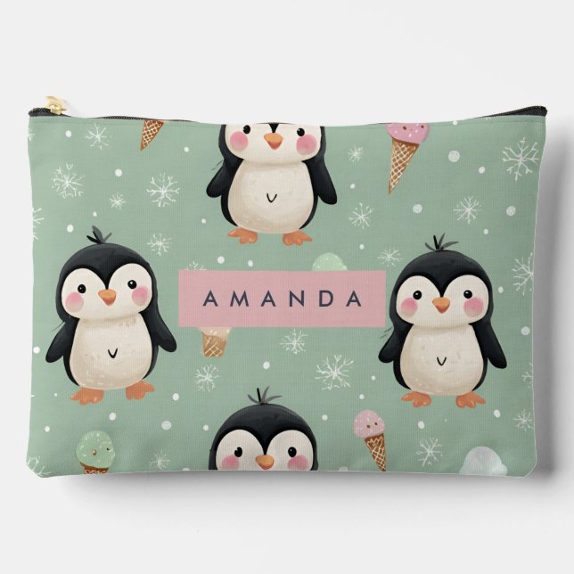 Personalized Cute Penguin & Ice Cream Pattern Accessory Pouch (Front)