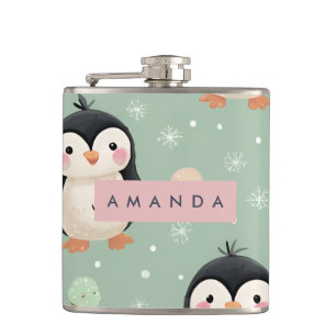 Personalized Cute Penguin & Ice Cream Pattern Flask