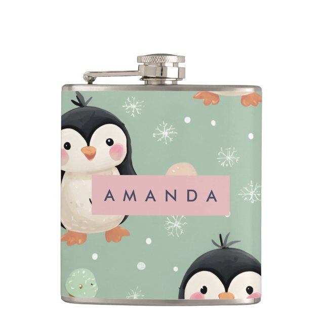 Personalized Cute Penguin & Ice Cream Pattern Flask (Front)
