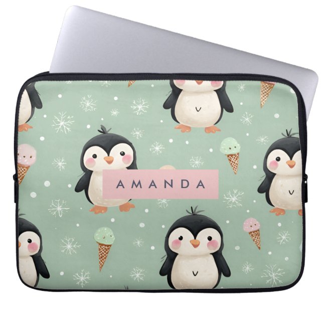 Personalized Cute Penguin & Ice Cream Pattern Laptop Sleeve (Front)