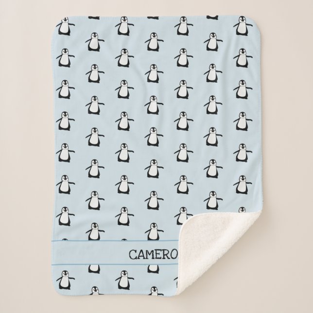 Personalized cute Penguin Illustration Baby Sherpa Blanket (Front)