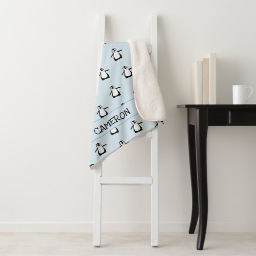 Personalized cute Penguin Illustration Baby Sherpa Blanket