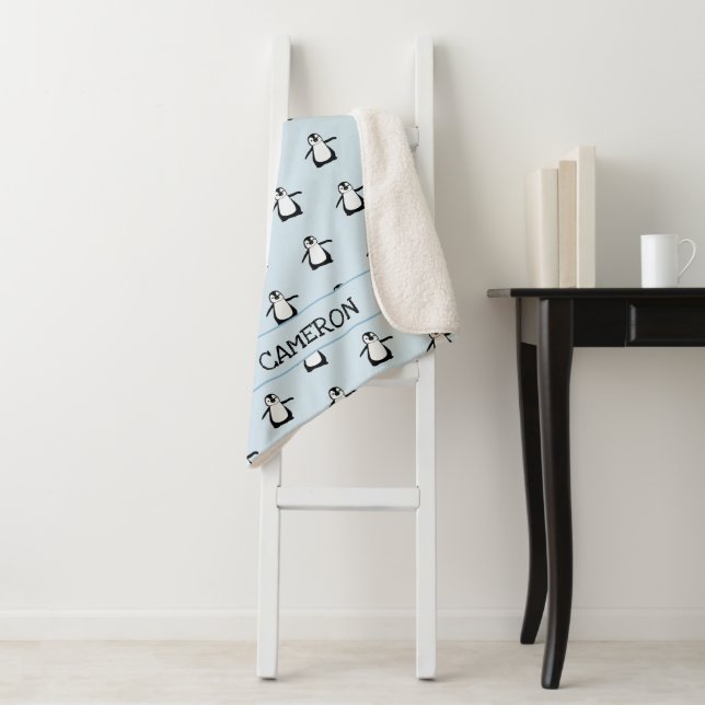 Personalized cute Penguin Illustration Baby Sherpa Blanket (In Situ)
