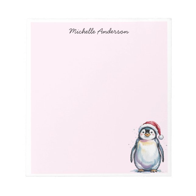 Personalized Cute Penguin in Santa Hat Christmas  Notepad (Front)