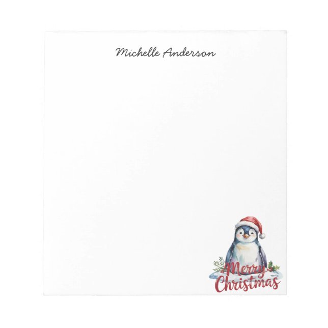 Personalized Cute Penguin in Santa Hat Christmas  Notepad (Front)