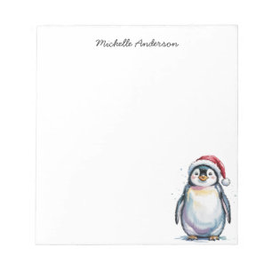 Personalized Cute Penguin in Santa Hat Christmas Notepad
