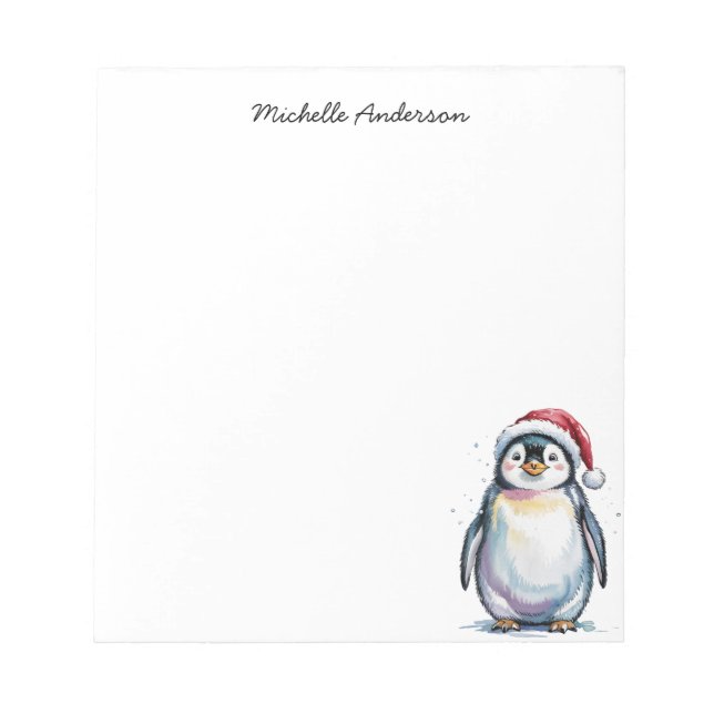 Personalized Cute Penguin in Santa Hat Christmas  Notepad (Front)
