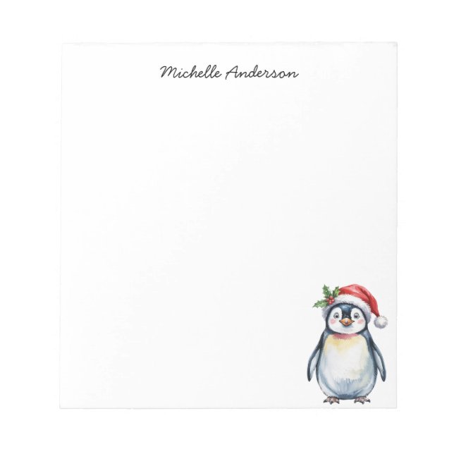Personalized Cute Penguin in Santa Hat Christmas  Notepad (Front)