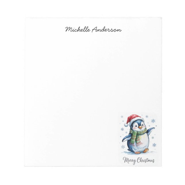 Personalized Cute Penguin in Santa Hat Christmas  Notepad (Front)
