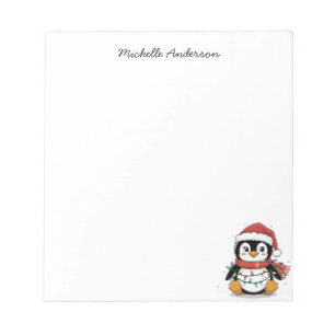 Personalized Cute Penguin in Santa Hat Christmas Notepad