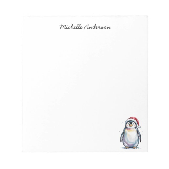 Personalized Cute Penguin in Santa Hat Christmas  Notepad (Front)