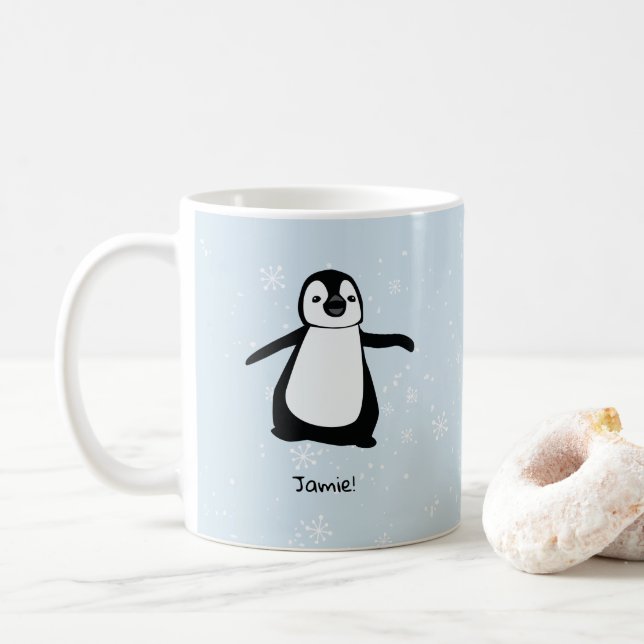 Personalized Cute Penguin Winter snow flakes Coffee Mug (With Donut)