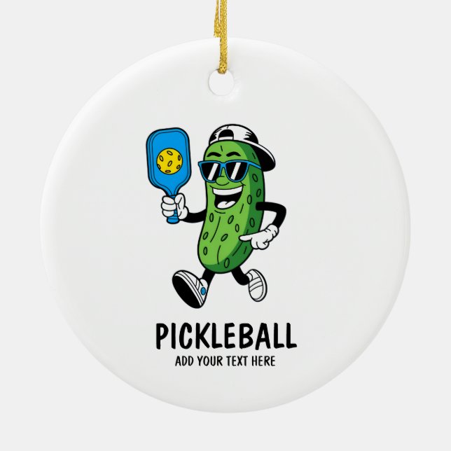 Personalized Cute Pickle Playing Pickleball Funny Ceramic Ornament (Back)