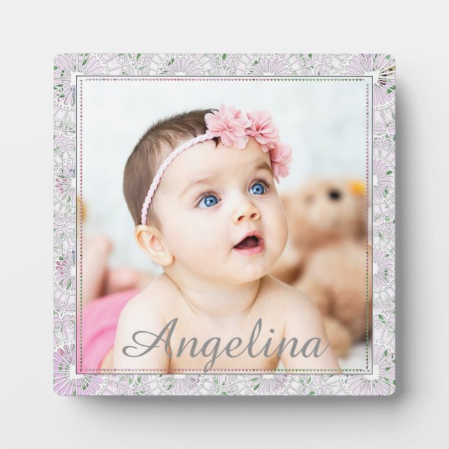 Personalized cute pink and gray Baby Photo Plaque (Front)