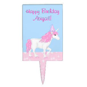 Personalized Cute Pink and White Unicorn Birthday Cake Topper