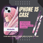 Personalized Cute Pink Anime Girl iPhone Case<br><div class="desc">Protect your iPhone in style with our Cute Pink Anime Girl Case featuring whimsical feathers. Make it personal by adding your name or personalize it as a gift for someone special.</div>