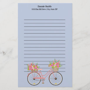 Personalized Cute Pink Bicycle with Flowers Blue Stationery