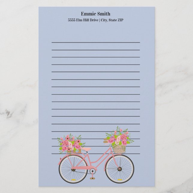 Personalized Cute Pink Bicycle with Flowers Blue Stationery (Front)