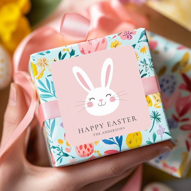 Personalized Cute Pink Bunny Easter Square Sticker (Creator Uploaded)