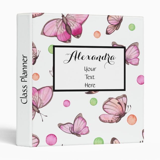 Personalized Cute Pink Butterflies 3 Ring Binder (Front/Spine)