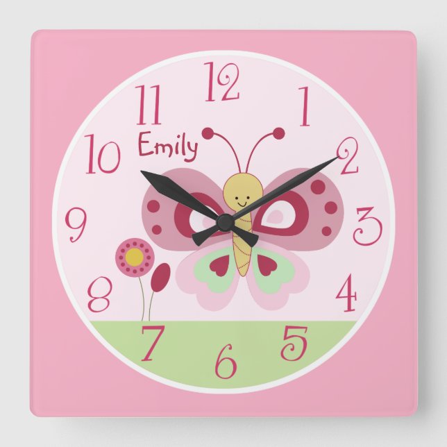 Personalized Cute Pink Butterfly Nursery Clock (Front)