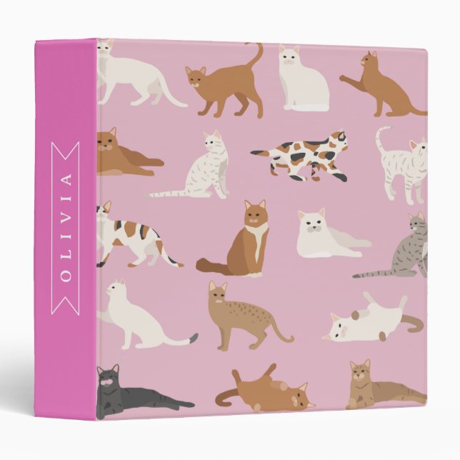 Personalized Cute Pink Cat Pattern Gift Cat Lover 3 Ring Binder (Front/Spine)