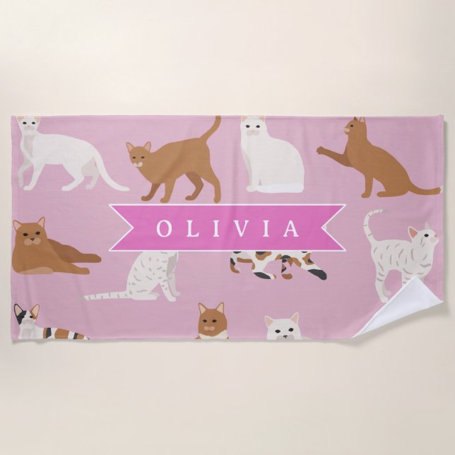 Personalized Cute Pink Cat Pattern Gift Cat Lover Beach Towel (Front)