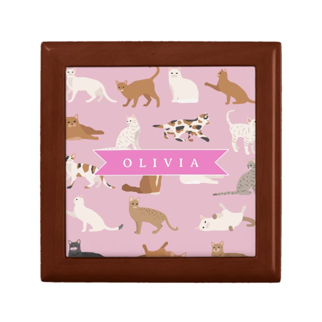Personalized Cute Pink Cat Pattern Gift Cat Lover Box (Front)