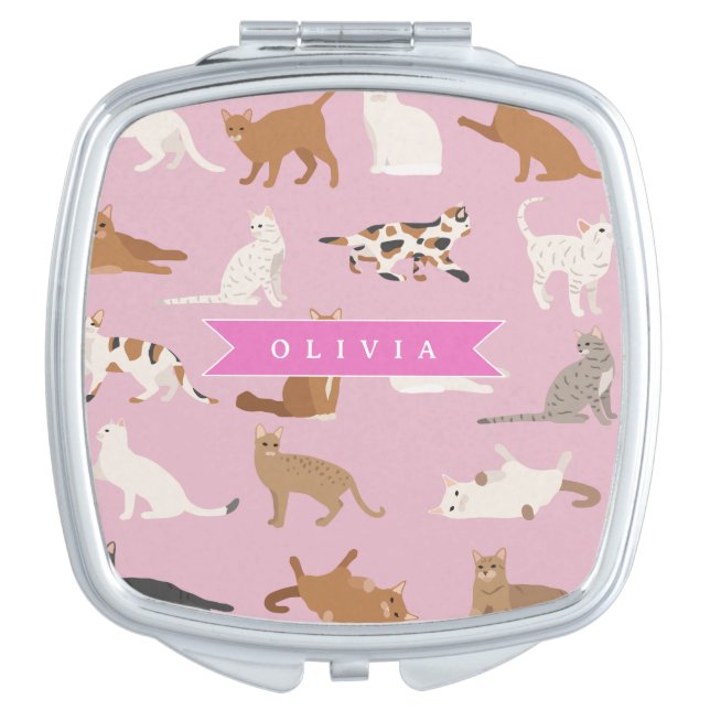 Personalized Cute Pink Cat Pattern Gift Cat Lover Compact Mirror (Front)
