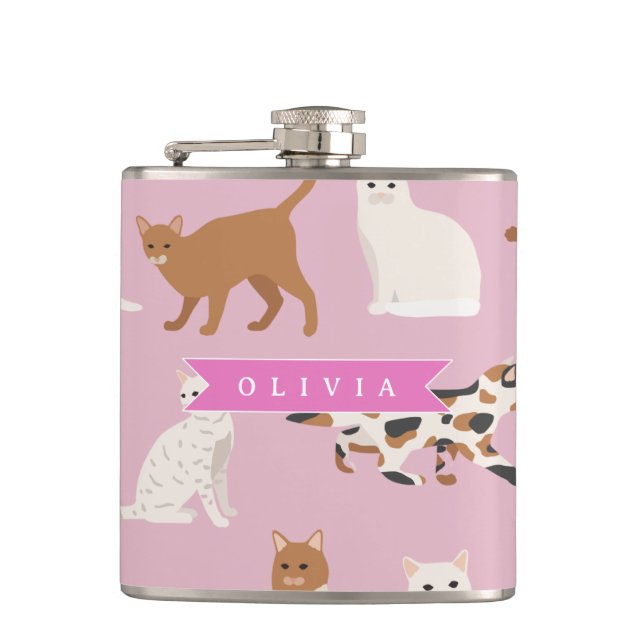 Personalized Cute Pink Cat Pattern Gift Cat Lover Flask (Front)