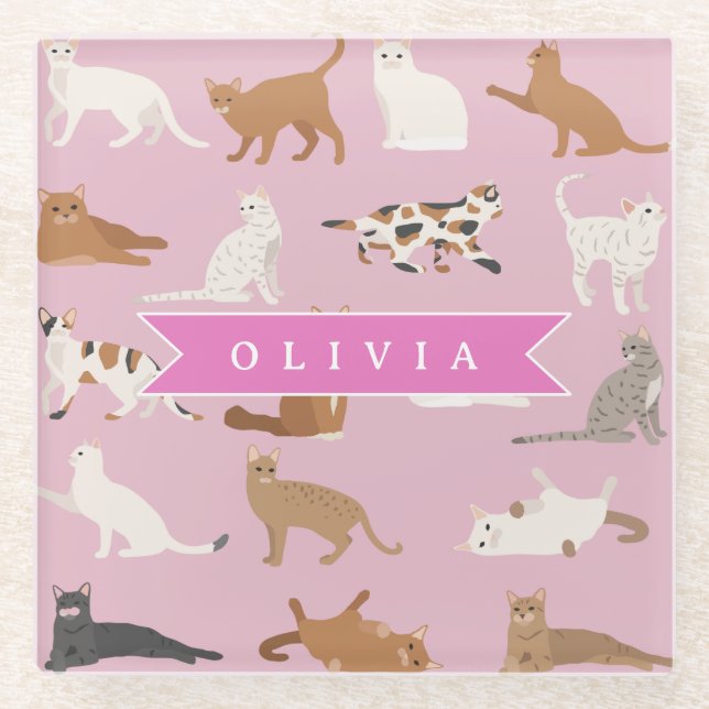 Personalized Cute Pink Cat Pattern Gift Cat Lover Glass Coaster (Front)