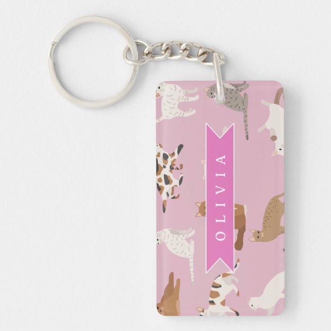 Personalized Cute Pink Cat Pattern Gift Cat Lover Keychain (Front)