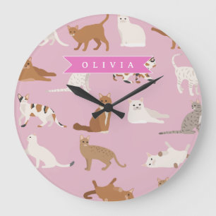 Personalized Cute Pink Cat Pattern Gift Cat Lover Large Clock