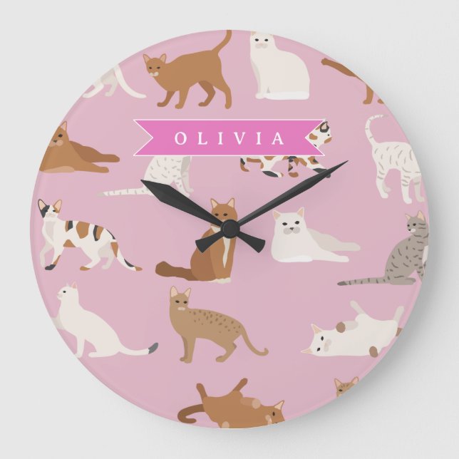 Personalized Cute Pink Cat Pattern Gift Cat Lover Large Clock (Front)