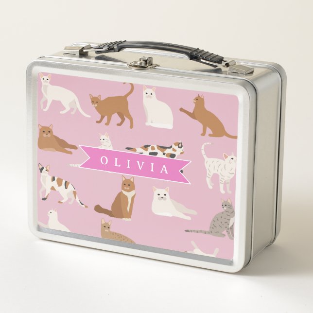 Personalized Cute Pink Cat Pattern Gift Cat Lover Metal Lunch Box (Front)